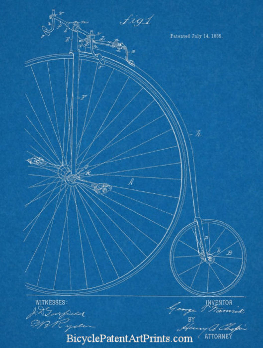 1885 High wheeler vintage bike patent drawing