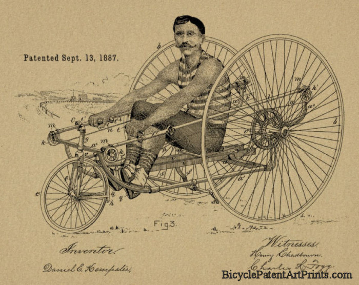 1887 Man riding in a rowing design tricycle