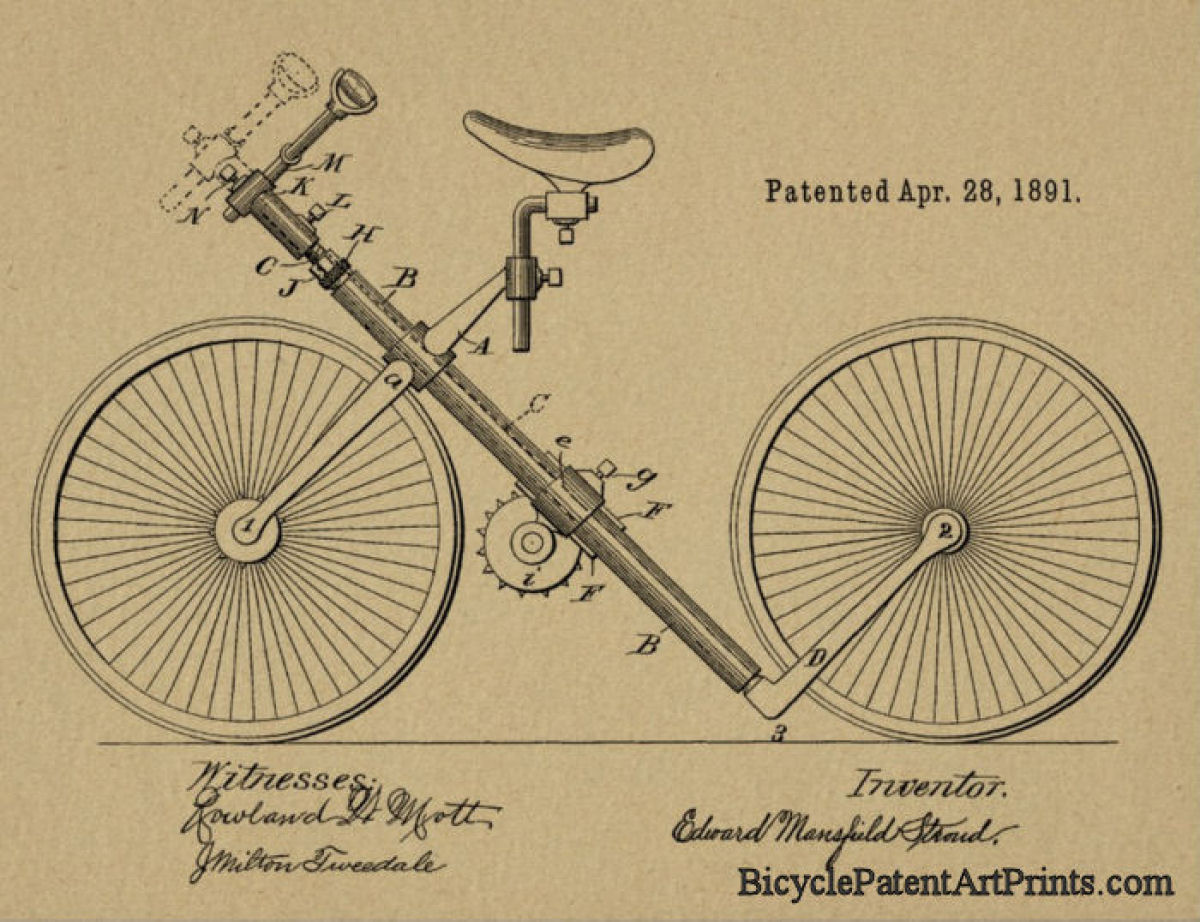 1891 Unique bicycle design with a metal pipe as the frame and adjustable handlebars