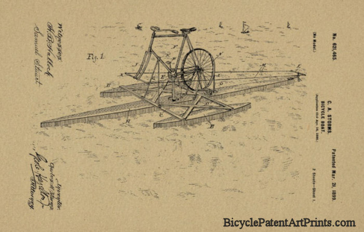 1899 Bicycle propelled boat on the water