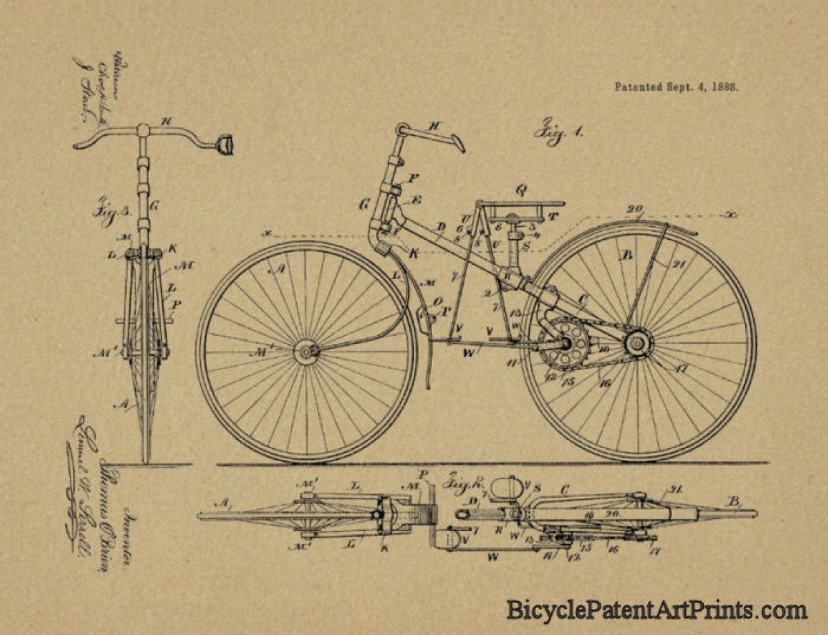 1888 Chain driven bike patent drawing