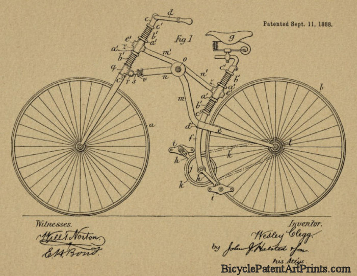1888 vintage bicycle patent drawing