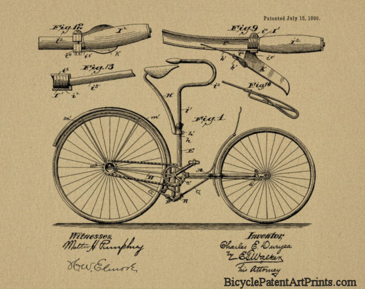 1890 Chain driven bike patent brake design drawing
