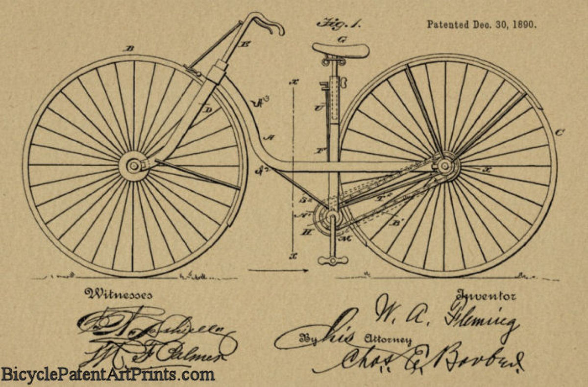 1890 vintage bicycle patent drawing