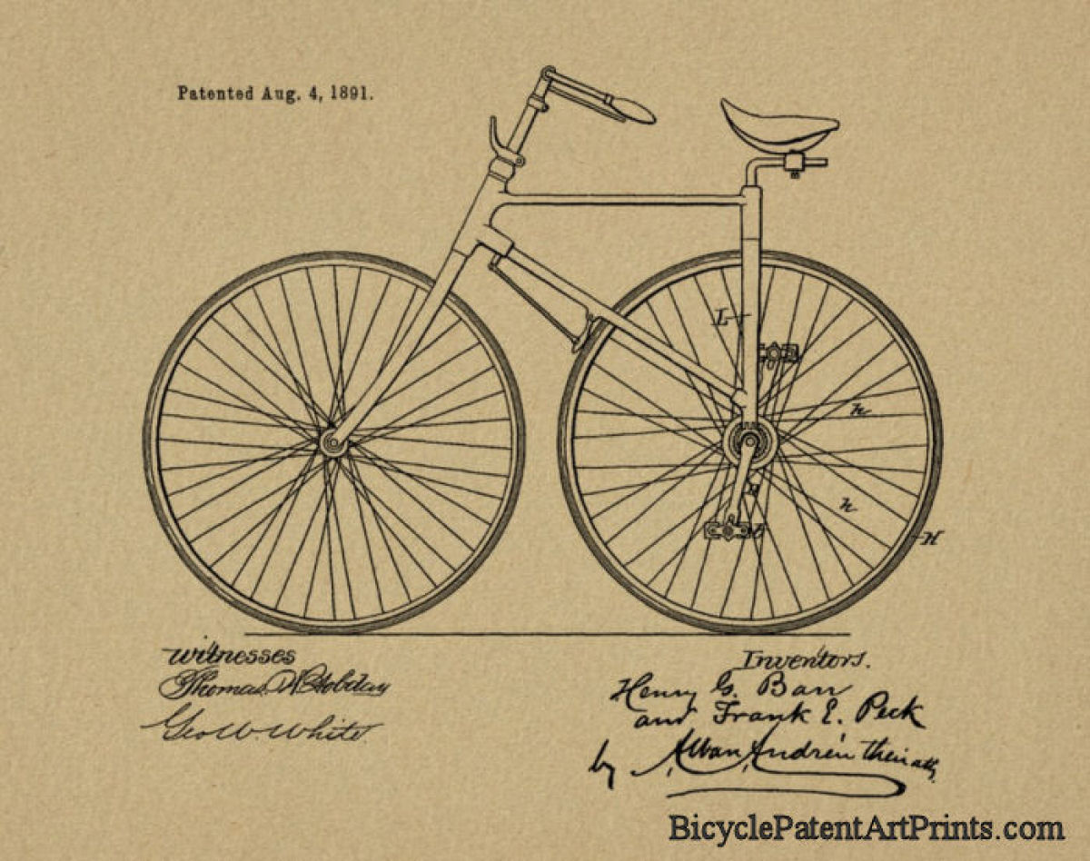 1891 The pedals are attached to rear wheel bike patent drawing