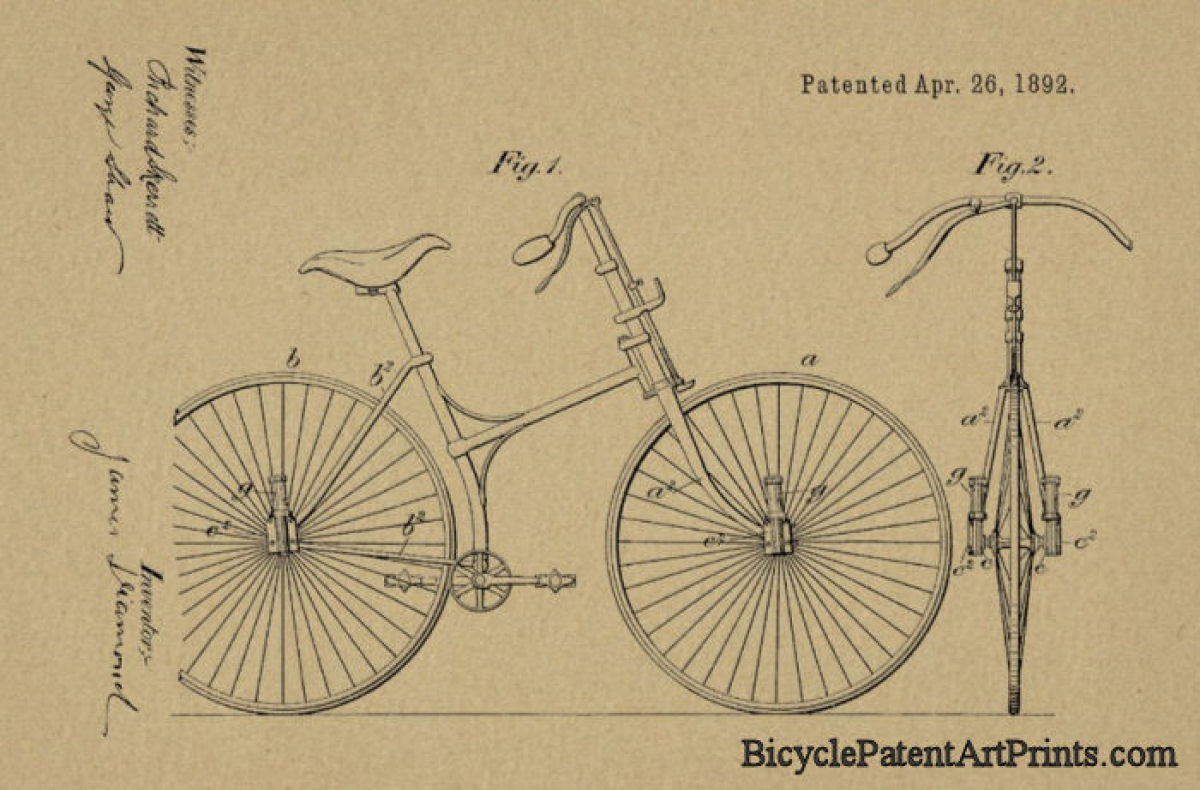 1892 vintage bicycle patent drawing
