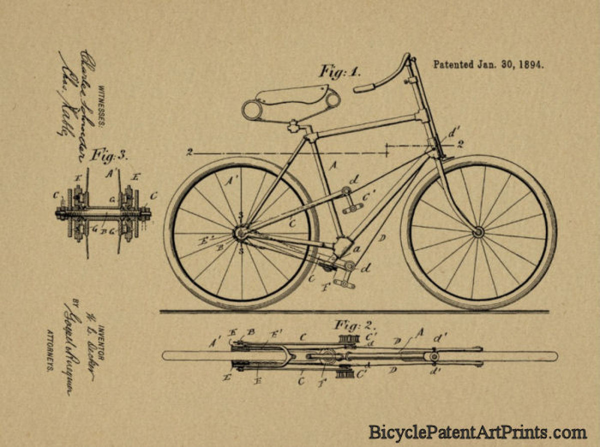 1894 Propelled by levers attached to rear hub vintage bicycle patent drawing