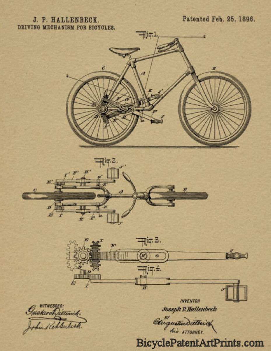 1896 Propelling levers with rear gears bicycle patent art