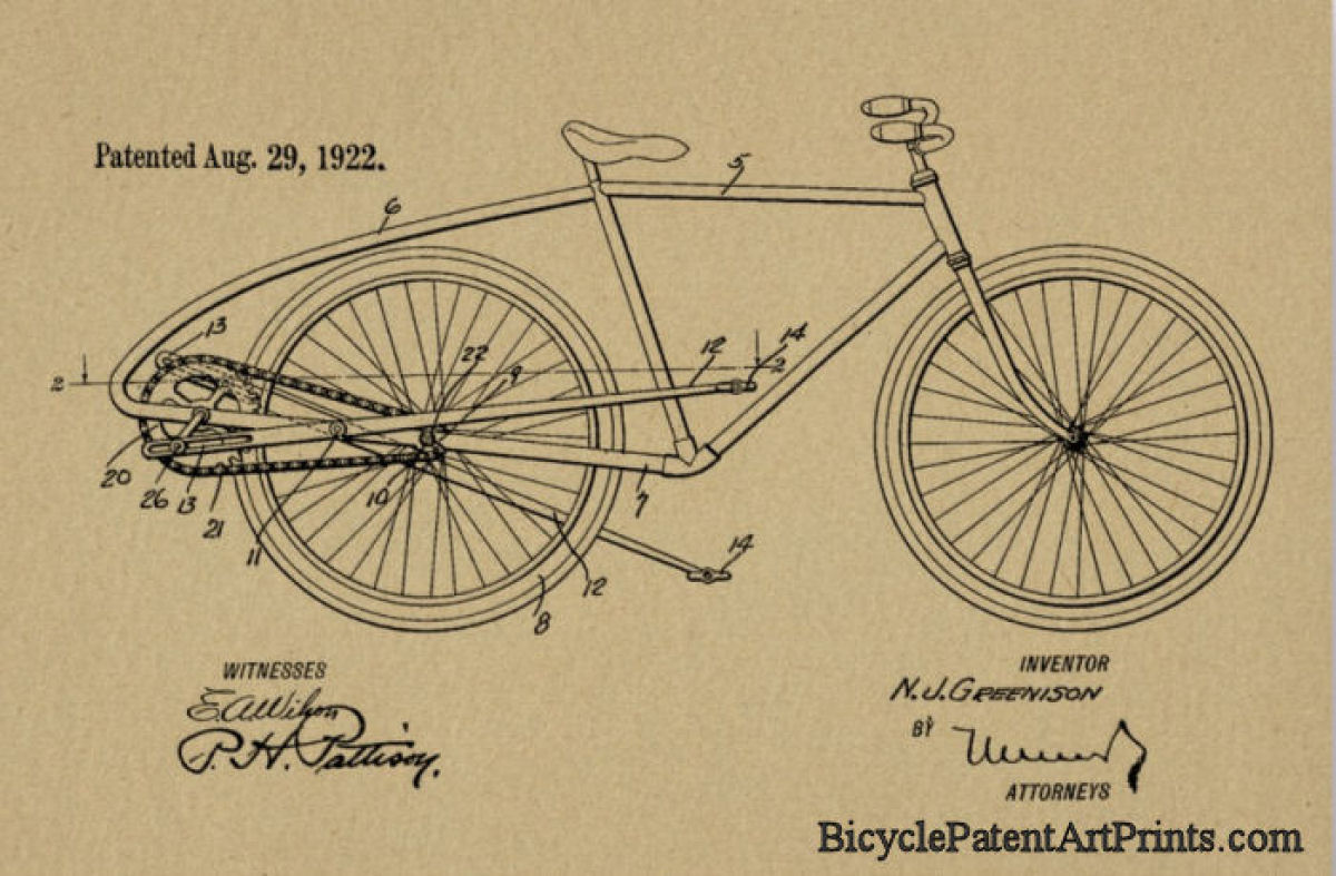 1922 Pedal with chain drive bike patent drawing