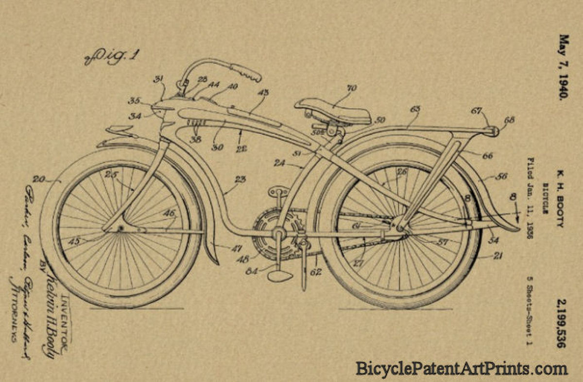 1936 Vintage Bicycle US patent technical illustration by Booty