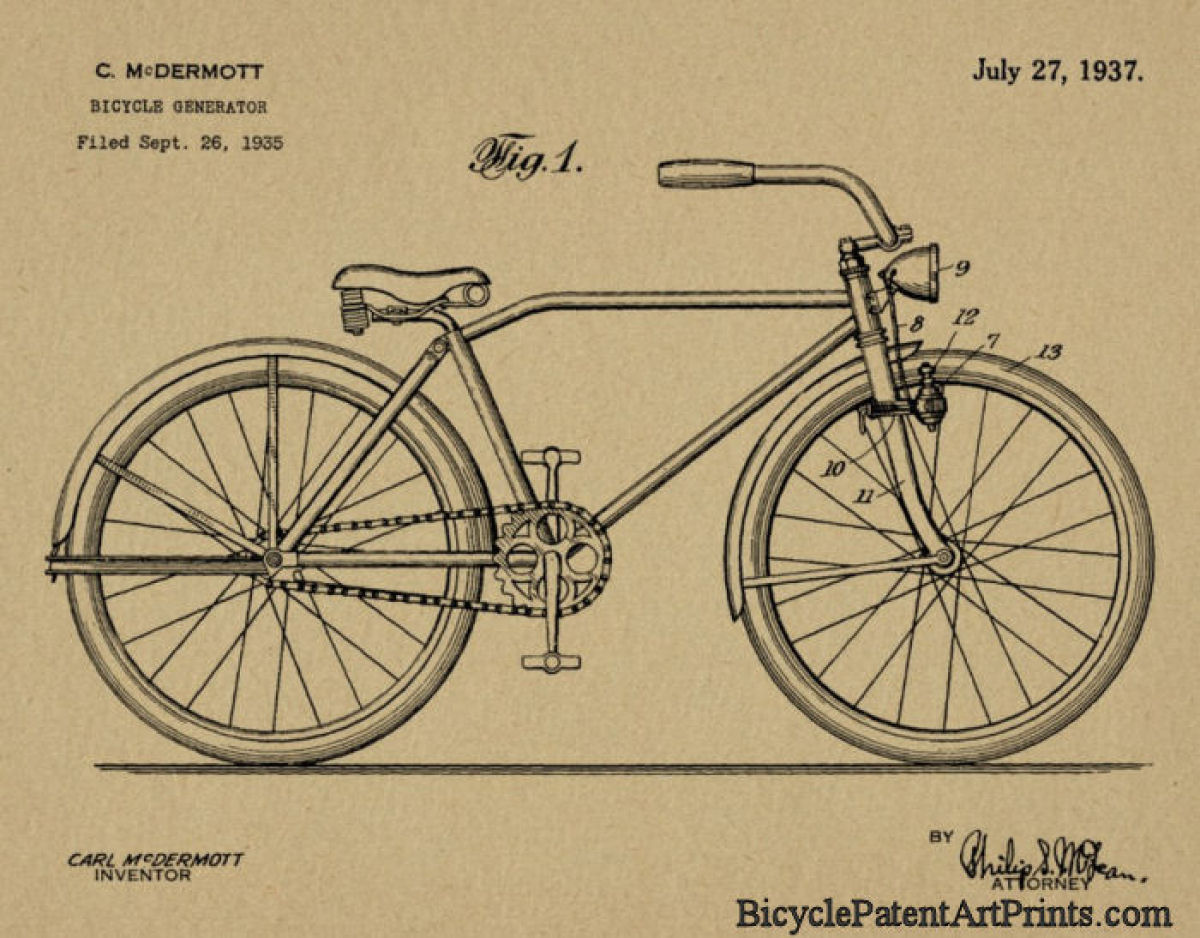 1937 vintage bicycle patent drawing