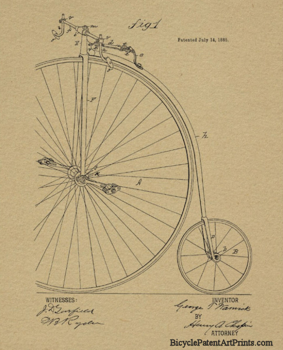 vintage 1885 High wheeler patent drawing