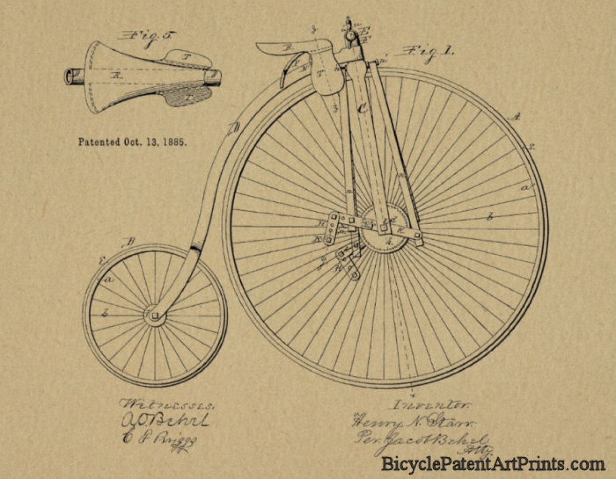 1885 Pedal drive high wheeler with seat detail