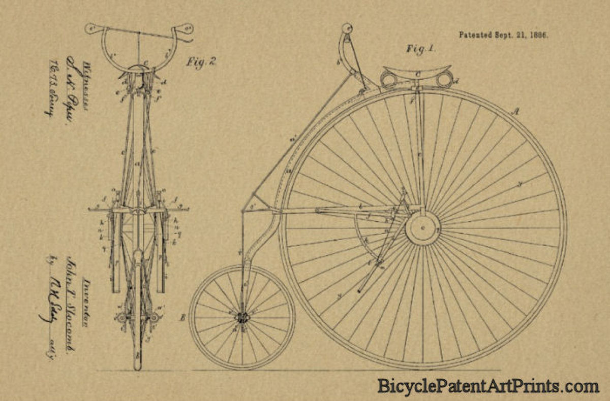 1886 With propelling levers. Also known as a penny farthing or high wheel velocipede