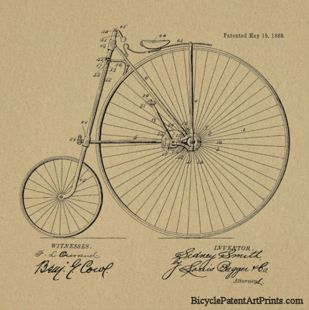 1888 High wheeler bike patent drawing