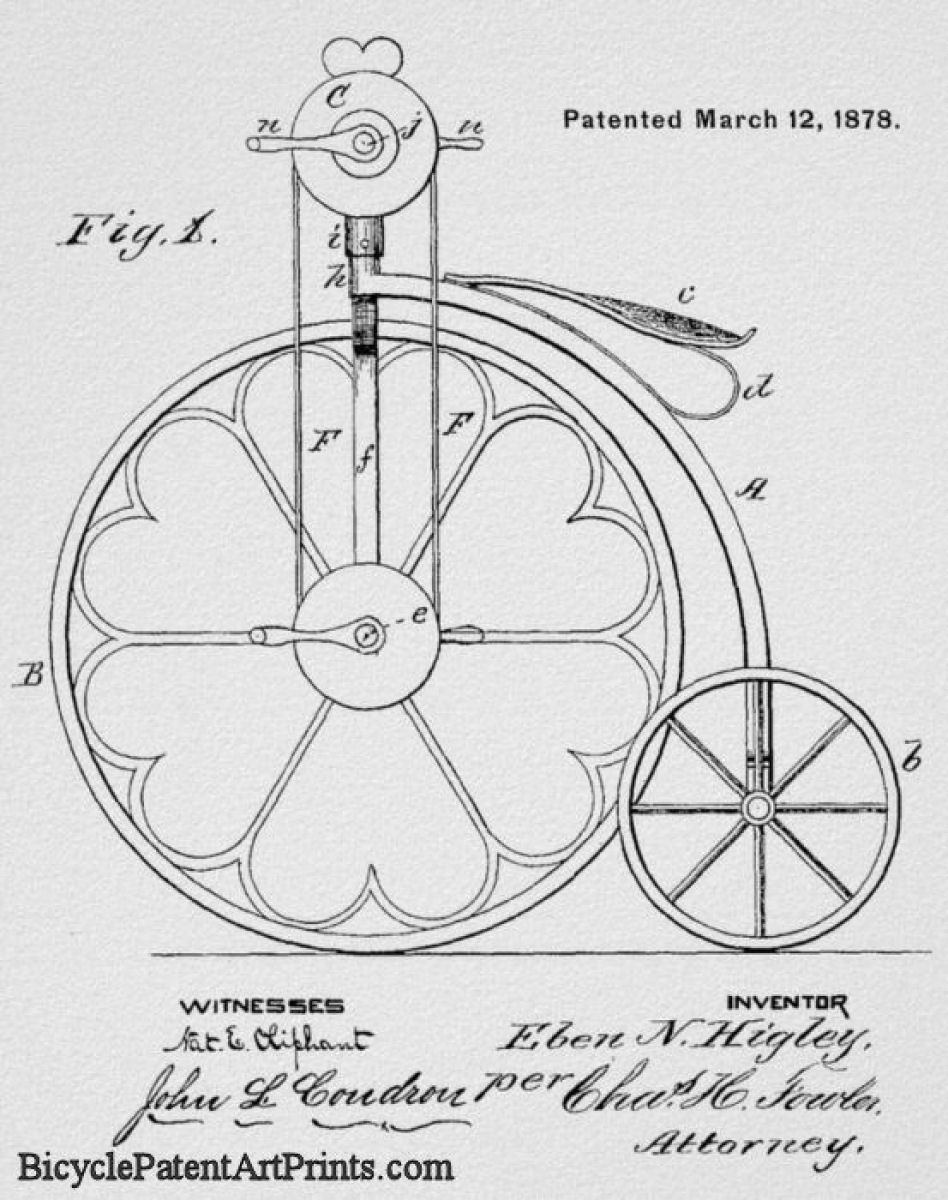 1878 Hand crank drive bicycle with heart shaped wheel spokes