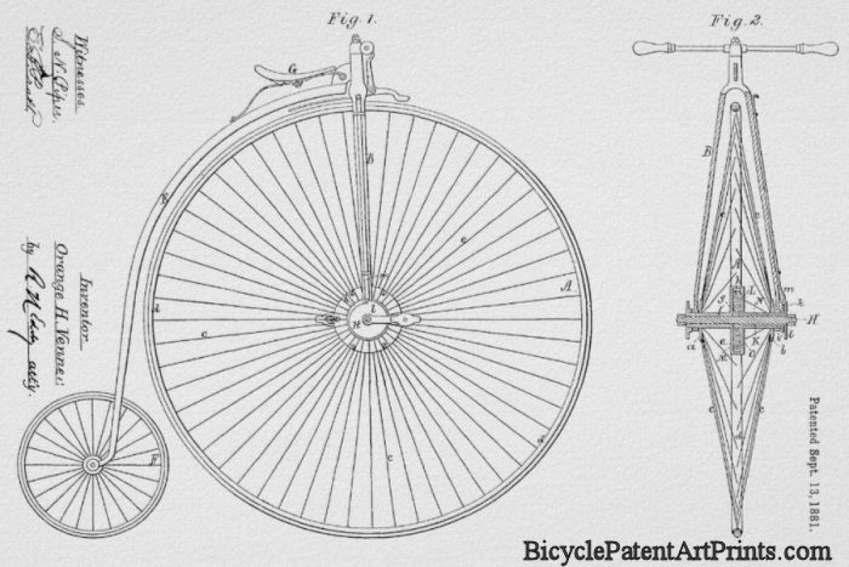 1881 Highwheeler bike patent drawing
