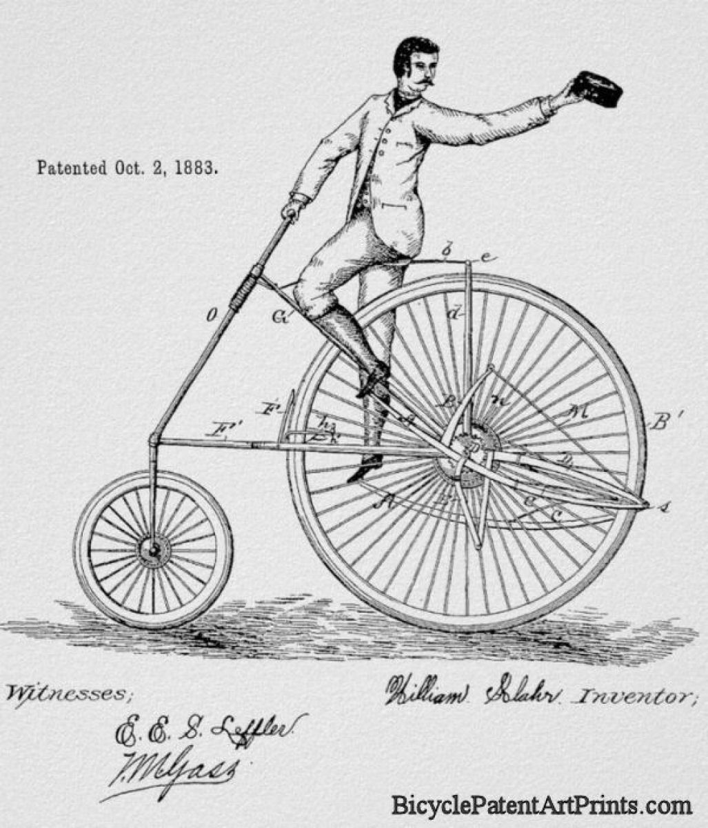 1883 Lever propelled high wheeler with man waving his hat