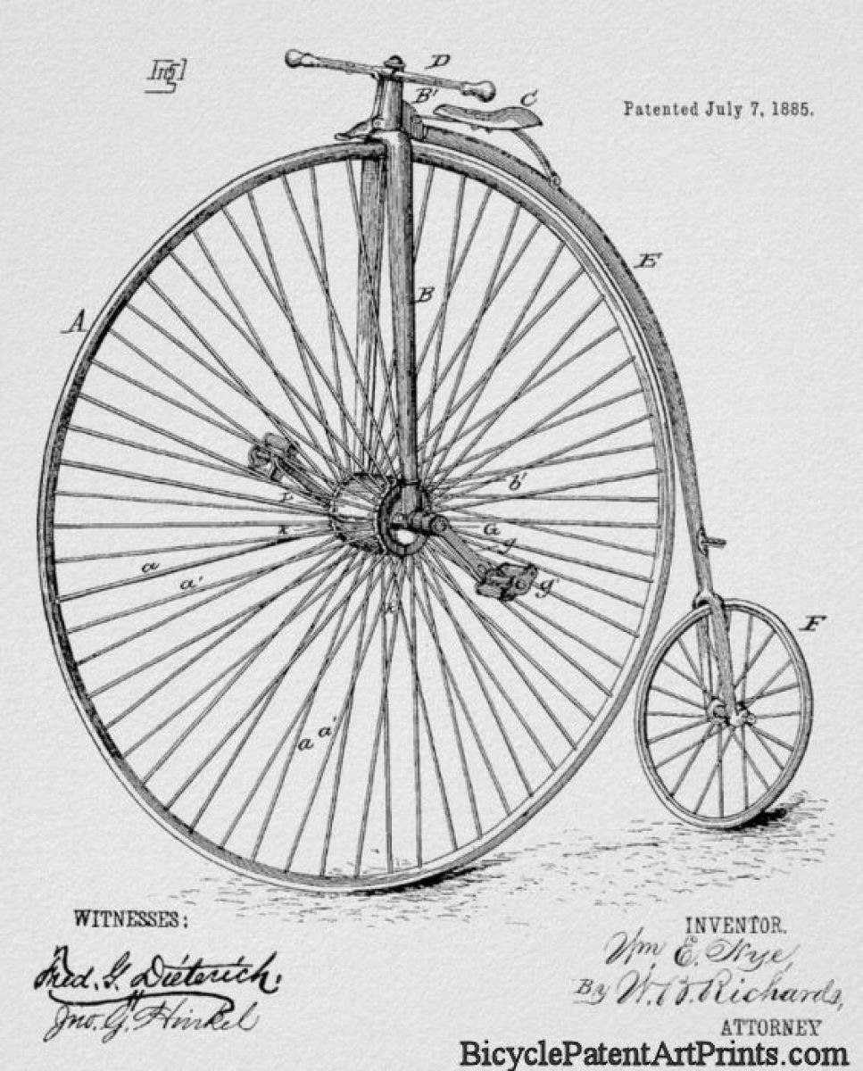 1885 High wheeler bike patent drawing