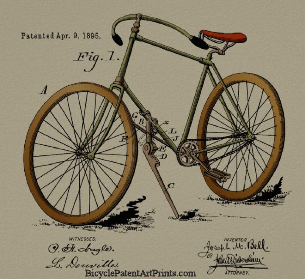 1895 Vintage Bicycle Patent Color Art Drawing Print