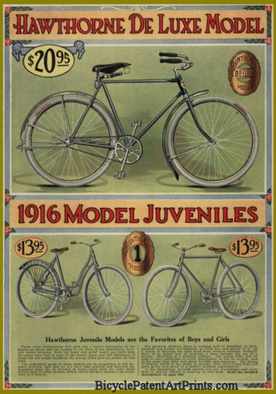 1916 Vintage bicycle advertising page print Hawthorne De Luxe Model