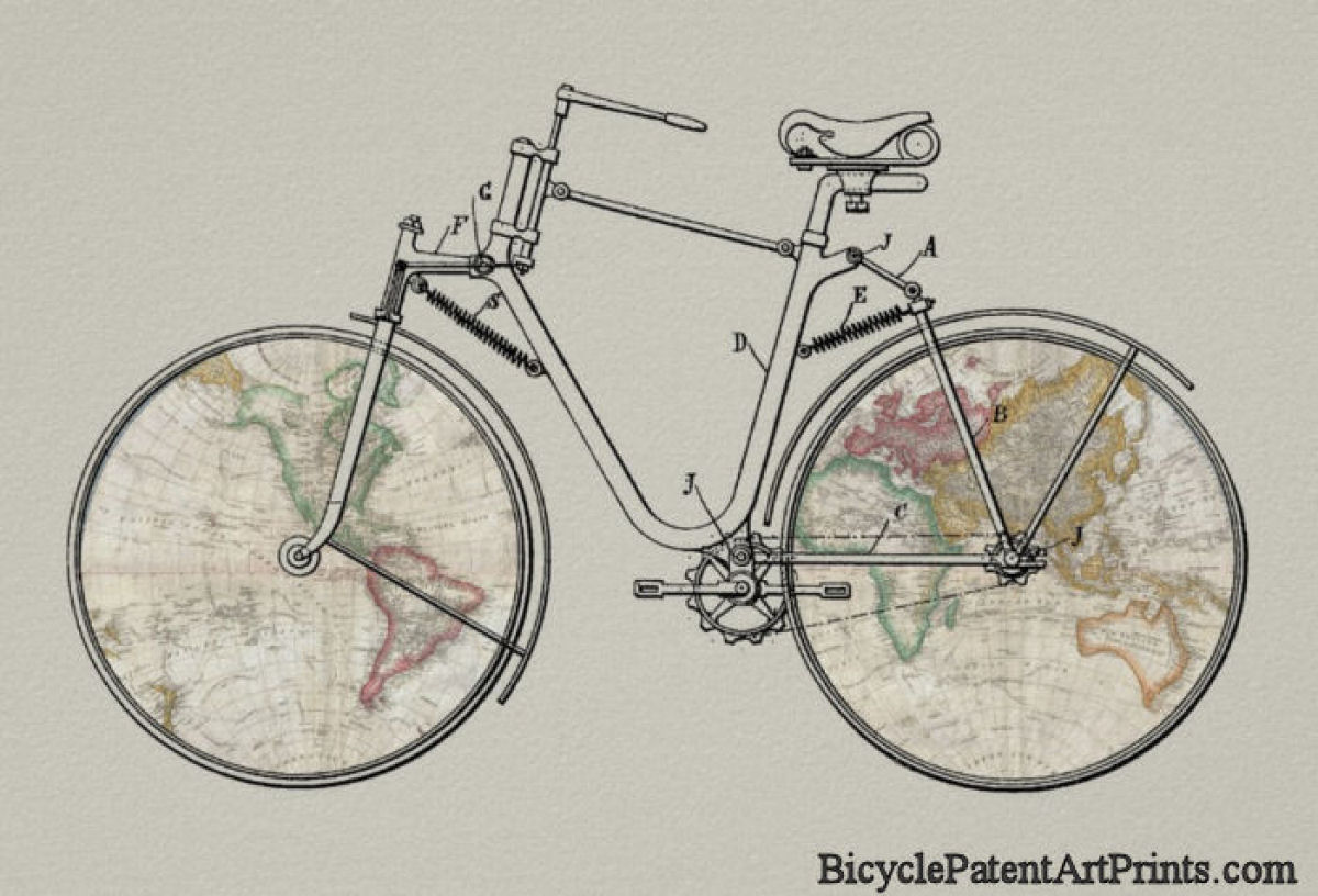 bicycle patent world map wheels art