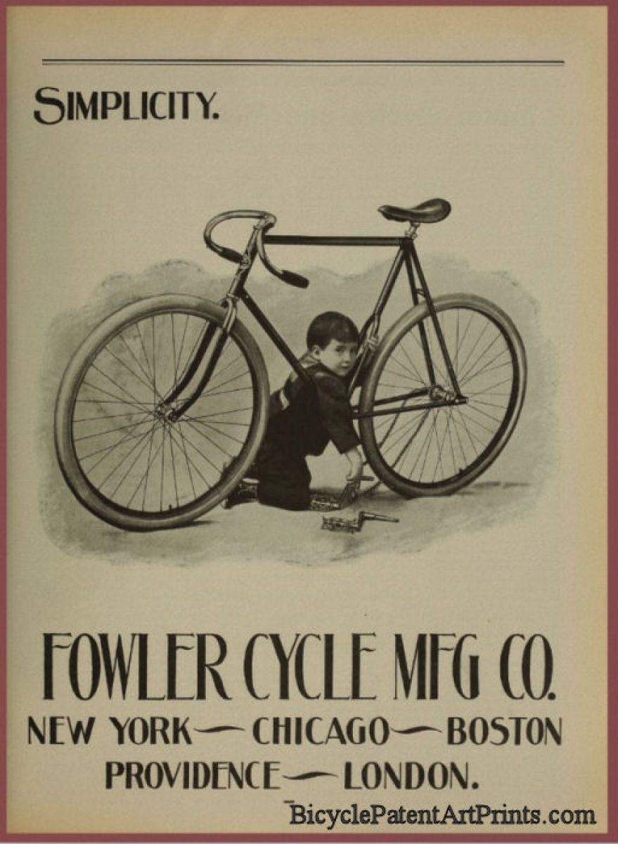 1896 Fowler Cycle print of Young boy repairing a bicycle