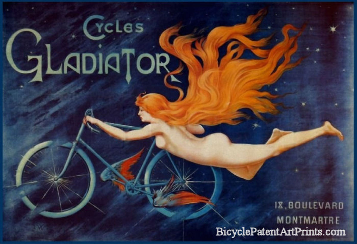 Gladiator cycles Flying woman with red hair on bicycle with winged pedals