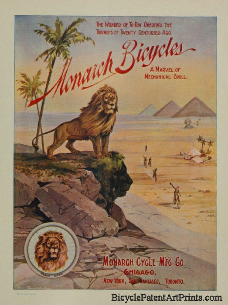 1895 Monarch Bicycles with Lion by the great pyramids egypt poster